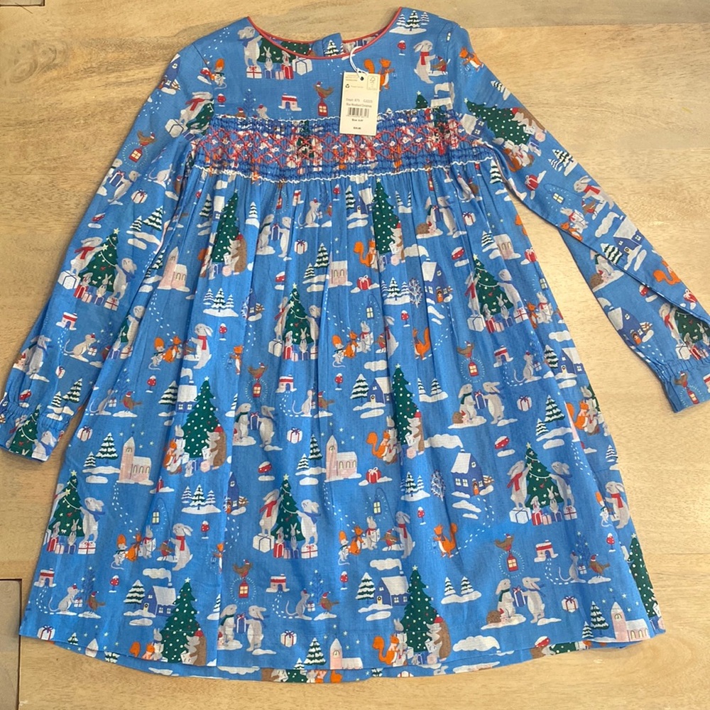 Mini Boden Holiday 2021 Blue Woodlands Christmas Dress